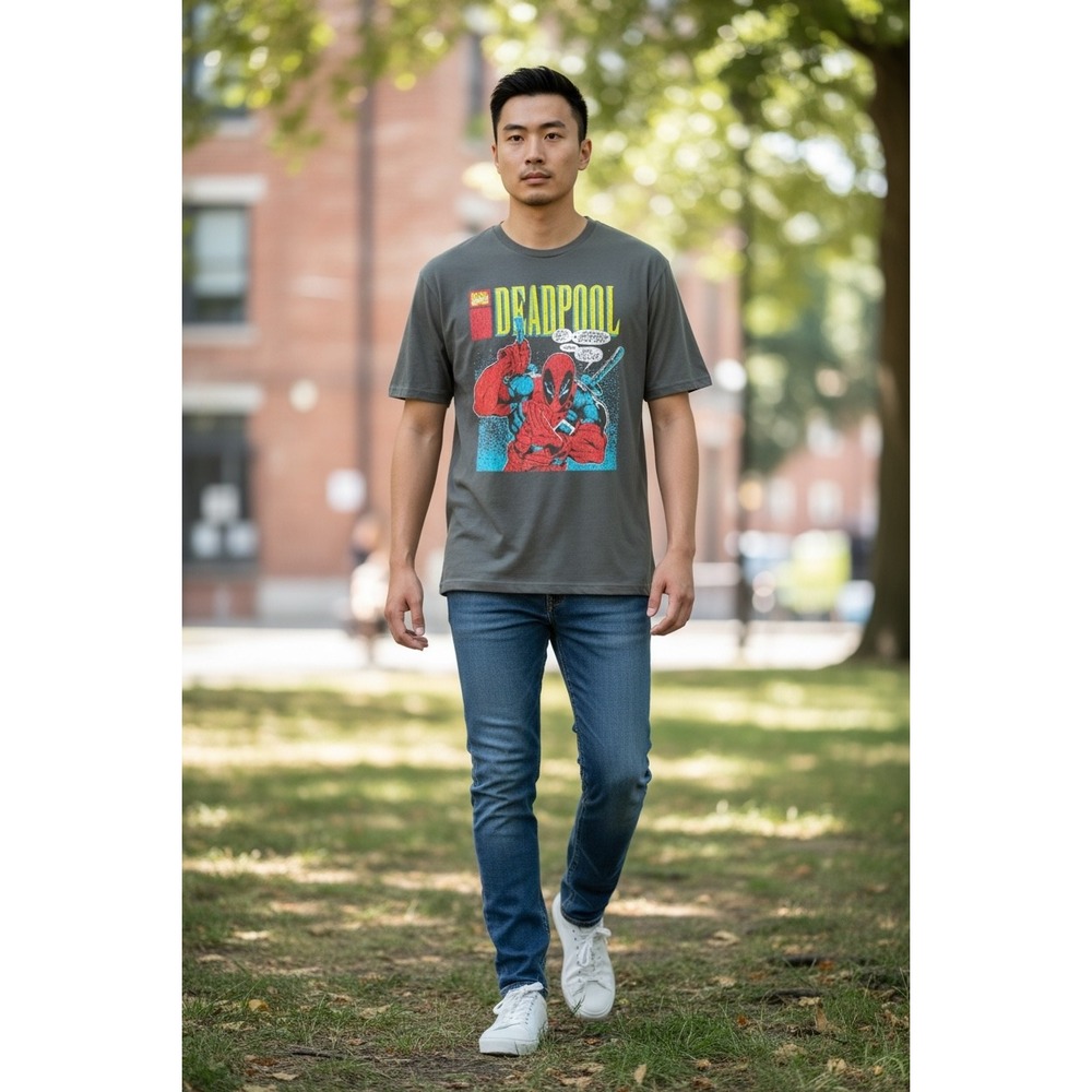 Marvel Deadpool Graphic T-Shirt Mens Charcoal Gray Comic Book Print Tee